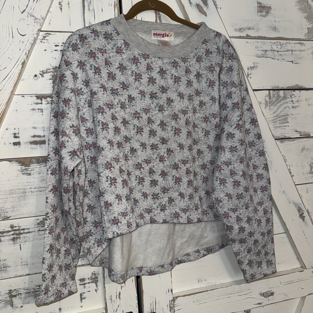 Vtg 80s Energie Bi Currants Womens Sweatshirt L Gray Floral Baggy Honk Kong